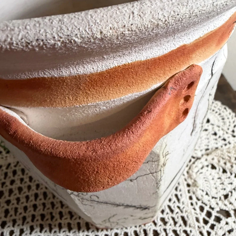 Vintage 2002 Signed Horsehair Feather Pottery Vase Octagonal Studio Art Ceramic